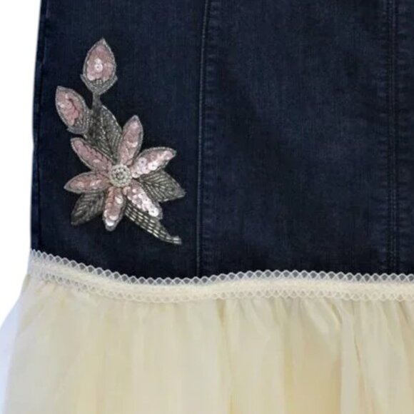 Vintage Upcycle Blue Jean & Tulle Ruffle Skirt Sequin Flower Embellished - Picture 2 of 7
